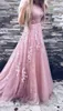 Потрясающие 3D цветок вечерние платья 2018 Jewel шеи линии длина пола пыльная роза розовый тюль и кружева вечерние платья