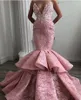 Stoffige roze kant prom jurken sexy liefje zeemeermin avondjurken ruches lagen vrouwen formele feestjurk vestidos op maat gemaakt