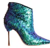 2018 Bling Bling Paillette Quente Moda Colorida Glitter Ankle Boots Apontou Para Festa Sapatos de Salto de Ouro Sexy Menina Botas