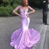 Lavendel High Light Prom Sheer Neck Lange Illusionsärmel Meerjungfrau Abendkleider Sweep Zug Nach Maß Vestidos De Noiva