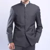 Mens Gray Tunic Suit Jacket Mandarin Collar Single Breasted Chinese Traditional Style Stand Collar Coat320p