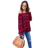 Femmes dames coton épaules dénudées Blouses haut tartan chemises à manches longues Blouse décontractée chemises lâches printemps rouge noir vêtements