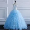 2022 Sweetheart Blue Quinceanera 드레스 레이스 위로 다시 공 가운 롱 프로듀스 드레스 Organza Ruffles 진주 층 길이 공주 웨딩 드레스