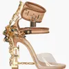 Sommar Luxury Strange Heel Crystal Designer Skor Kvinna PVC High Heel Sandals 2017 Hänglås Ankelband Rhinestone Sandaler