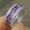 Storlek 5/6/7/8/9/10 mousserande lyx smycken 10kt vitguld fylld populär torg amethyst cz kristall kvinnor bröllop finger ring gåva med låda