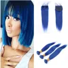 Faisceaux de cheveux bleus de couleur droite soyeuse avec fermeture en dentelle Extensions de trame de cheveux humains brésiliens vierges bleu foncé avec fermeture