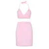 Sexy femmes rose fourrure vêtements ensemble été Clubwear sangle licou haut court soutien-gorge + Mini moulante jupe dame soirée fête