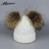 Real Fur Winter Hat Raccoon Two Pom Pom Hat For Women Brand Thick Women Hat Girls Caps Sticked Beanies Cap Wholesale D18110102