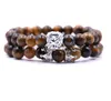 2 st / set Animal King Lion Head Tiger Eye Armband Svart Natursten Crown Par Braclet Set för män Hand Smycken Tillbehör