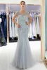 Nieuwe Designer 2019 Sexy Gold Gray Mermaid Prom Jurken Kralen Kristallen Bling Bling V Back Sheer Neck Tiered Tule Vloer Lengte Avondjurken