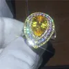 Vecalon anel de banda de casamento de luxo para mulheres pêra corte 6ct 5a zircão cz branco amarelo ouro encheu anéis de noivado fêmea