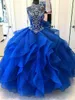 Sheer Cap Mouwen Tule Baljurken Quinceanera Jurken Hoge Neck Beaded Stones Gelaagde ruches Vloerlengte Prom Jurken BA9514