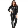 Black Women's Zip To Crotch Long Sleeve Catsuits Shiny PVC Vinyl Leather Bodysuits Fullbody Romper Wetlook Jumpsuits Zentai