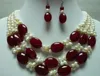 Heißer Verkauf FREIES SHIP3Row Halskettenohrringe der weißen Perle mit rotem Stein arbeiten Hochzeitsfest-Schmucksachen um