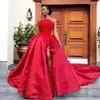 Glamorous Red Ball Gown Prom Dress Sexy Feather Lace Applique Split LaceUp Evening Dress Attractive Sweep Train Celebrity Red Car9412382