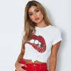 Gratis verzend maat s naar xl zwarte witte pailletten rode lippen korte mouw t shirt dames katoen tops tees kleding voor zomer 2018