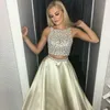 Top Beaded Two Piece Prom Klänningar Arabisk Neckline Silk Satin Full Längd Kvällstorkar Kristall Öppna Keyhole Tillbaka Sexig Holiday Sommarträdgård