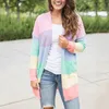 Plus Size Cardigans Kobiet Knitwear 2018 Nowa Rainbow Paski Średni Długie Płaszcz Jesień Kobiet Z Długim Rękawem Sweter Otwarty Stitch Coat11