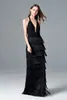 Women's Sexy Deep V Neck Sleeveless Ruched Waist Tiered Tassels Fashion Long Party Dresses Elegant Runway Prom Dresses