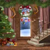 Intérieur Fête De Noël Photo Toile De Fond Imprimé Chaussettes Jouets Vert Arbre De Noël Oiseaux Boules Rideaux Arc Fenêtre Hiver Neige Fond