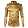 新しい金色のシルクサテンシャツの男性スリムフィット長スリーブドレスシャツメンズエミュレーションシルクシャツ男性ナイトクラブパーティープロムカミサ3xl229y