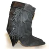 2018 Hot Suede Leather Patchwork Fringed Spike Heels Ankle Boots Pointed Toe Woman Tassel High Heel Boots Slip on Riding Boots