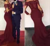 2020 New Bateau Neck Long Sleeves Sequins Appliques Satin Cheap Prom Dresses Women Formal Evening Wears Burgundy Red Mermaid Evening Dresses