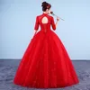 Real Photo Abiti da sposa 2018 Collo alto Stile coreano Rosso Sposa romantica Principessa Pizzo con ricamo oro Vestido De Novia