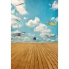 Blue Sky White Clouds Aircraft Photography Backdrop Printed Newborn Baby Shower Props Boy Kids Pilot Photo Background Wood Floor