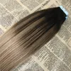 Ombre Color #2 Dark Brown fading to #6 Balayage Skin Weft Human Hair Extensions Tape in Extensons Slik Straight 40Pcs Tape on Hair