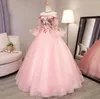 Pink Quinceanera Dresses Appliques Flared Sleeves Off Shoulder Ball Gown Evening Dresses Formal Wear Back Lace Up Yong Girls Pageant Gowns