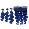 Бразильская волна тела темно -синее плетение человеческие волосы 3bundles с фронтальным синим цветом волнистые девственные наращивания волос с полным кружевным закрытием 13х4 "