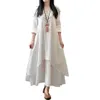 2019 Cotton Linen Maxi Dresse Women Fake Two Pieces Long Sleeve Dress Casual Summer Ladies Loose Oversized Dresses 4XL Plus Size