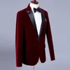 High Quality Dark Red Velvet Men Wedding Tuxedos Excellent Groom Tuxedos With Black Peak Lapel Men Blazer 2 Piece Suit(Jacket+Pants+Tie) 66