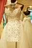 Sparkly Short Front Wedding Dress Long Back With Detachable Skirt New 2023 Sleeveless Hi Low Crystal Rhinestone Beaded Bow Beach Bridal Gowns