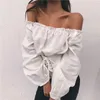 Sexy Off Shoulder Women Blouse Lace Up Ruffle Blouse Shirt Spring Summer Long Sleeve Top Belt Black White