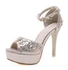 Zapatos de boda nupcial flor plata oro plataforma tobillo abrigo sandalias damas verano tacones altos tamaño 34 a 39