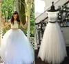 White Ball Gown Long Prom Dresses Off the shoulder Scoop Neck Two Pieces Tulle Sequins Beaded Bling Designer Cheap Evening Formal Dress Gown