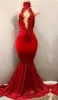 2018 Sexy Alta Pescoço Vermelho Lantejoulas Prom Vestidos Sereia Oco Out Front Lace Appliqued Beads Evening Gowns