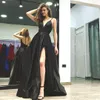 Nero profondo scollo a V A-Line abiti da ballo senza spalline fessure alte lungo backless corte strascico abiti da sera formali in raso DH4132