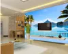 Foto tapet hög kvalitet 3d stereoskopisk strand, blå himmel, hav, kokosnöt träd, räcke, TV bakgrund vägg förlängning personlighet vägg mur