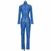 Misstyle Mesh-Overall, sexy Damen-Body mit blauem Feuermuster, Rollkragen, durchsichtig, dünn, lange Ärmel, Damen-Party-Jumpsuits