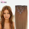 Clip Curly Hair Extensions Clip i äkta mänskliga hårförlängningar Rak ljusbrun (# 6) 7 stycken 100 gram / 2.82oz 20 färger valfri