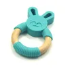 Bunny Silicone Teether och Wood Teething Ring Baby Chewable Leksaker Ekologisk Trä Ring Mat Grad Silicone Soother Spant Gifts