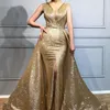 Golden Sequined Detachable Prom Dresses V-Neck Sleeveless Side-Split Mermaid Evening Dresses Sparkly Sexy Floor Length 2018 Prom Dress