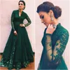 Moda Dark Green Prom Dress High Neck Zroszony Koronki Appliqued Tulle Suknia Seksowna Sheer Długie Rękawy Formalne Party Dresses Suknie Arabskie