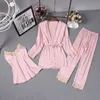 3 Pcs women robe gown sets quality sexy silk satin nightwear lace top trousers long sleeves bathrobe strap padded nightdress