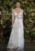 Vintage Silver Lace Wedding Dresses A Line Plunging V-neck Open Low Back Beaded Belt Sheer Long Sleeves Floor Length Cheap Bridal 337h