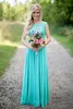 Country stijl turquoise bruidsmeisje jurken ronde hals kanten chiffon lange bruidsmeisje bruiloft feestjurken zomer