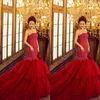 Strapless Mermaid Wedding Dresses Red Colorful Trumpet Wedding Gown Beads Crystals Lace Appliqued Top Puffy Tulle Bridal Gowns Court Train